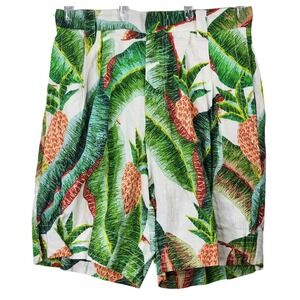 Farm Rio Forest Palm Pineapple Printed Linen Shorts Green White Size S EUC
